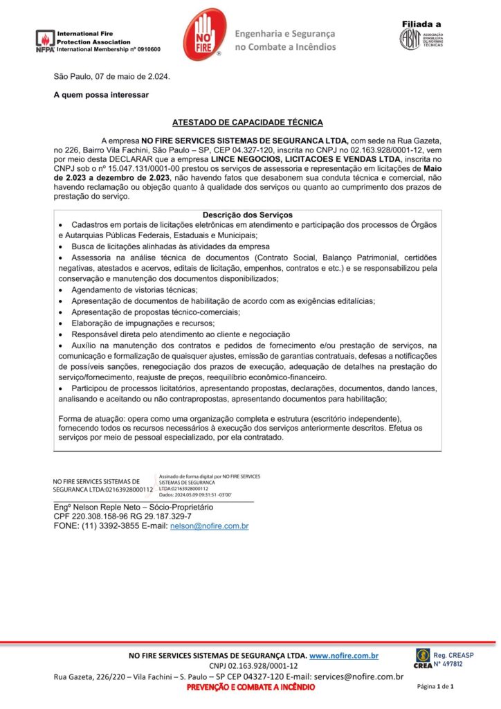 Atestado de Capacacidade Técnica Cliente No Fire Services